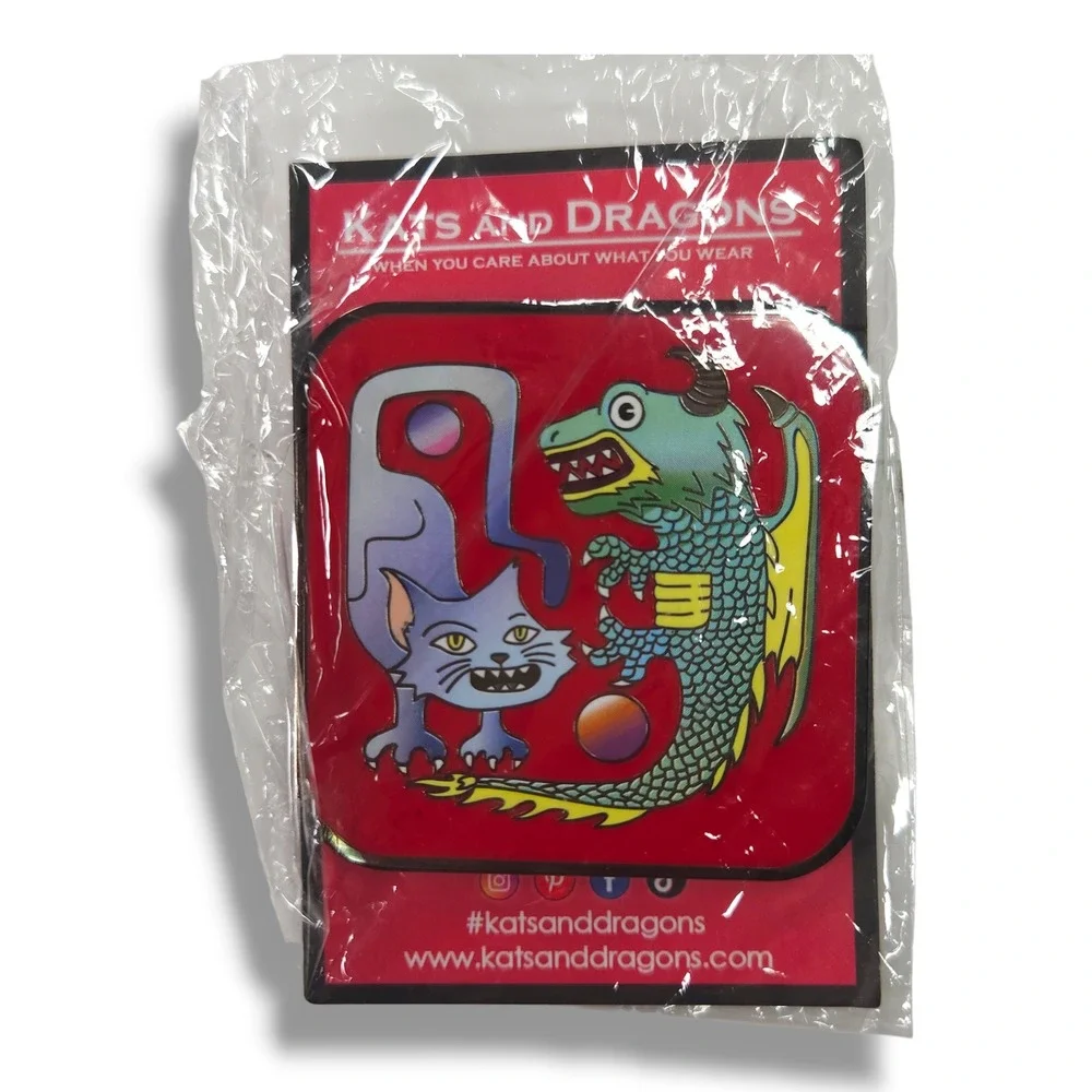Kats And Dragons Lapel Pin Enamel Cat Dragon Graphic Fantasy Lapel Badge Red NWT